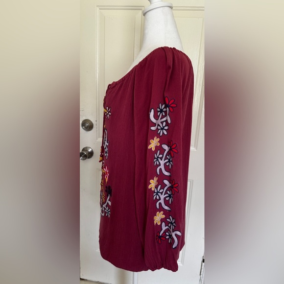 Indigo Threads Womens Embroidered Maroon Peasant Boho Shirt 1X - Picture 4 of 6